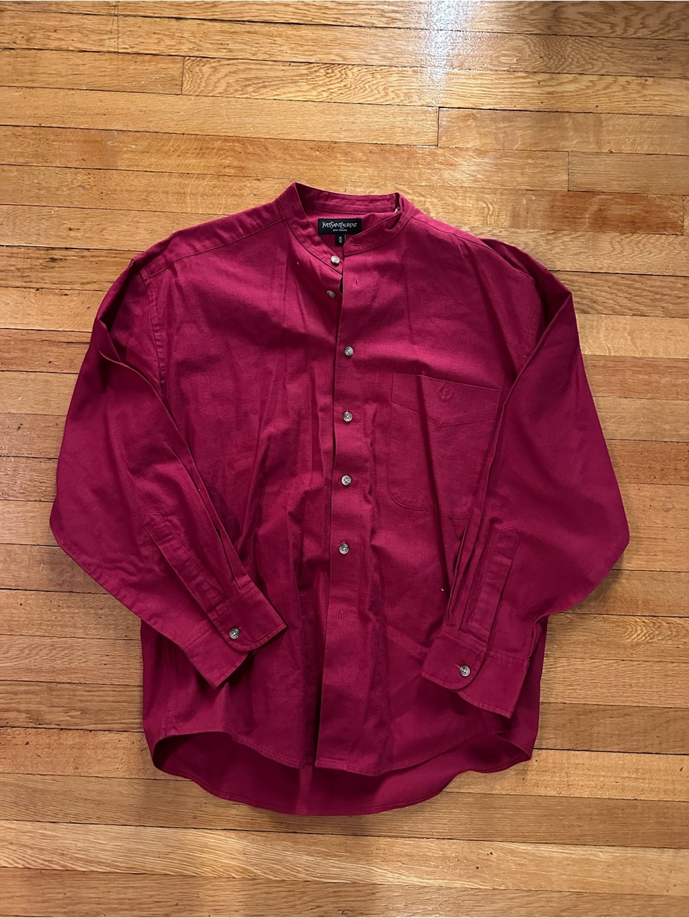 Yves Saint Laurent Pour Homme 90s Fuscia Linen Blend Mandarin Neck Shirt Medium